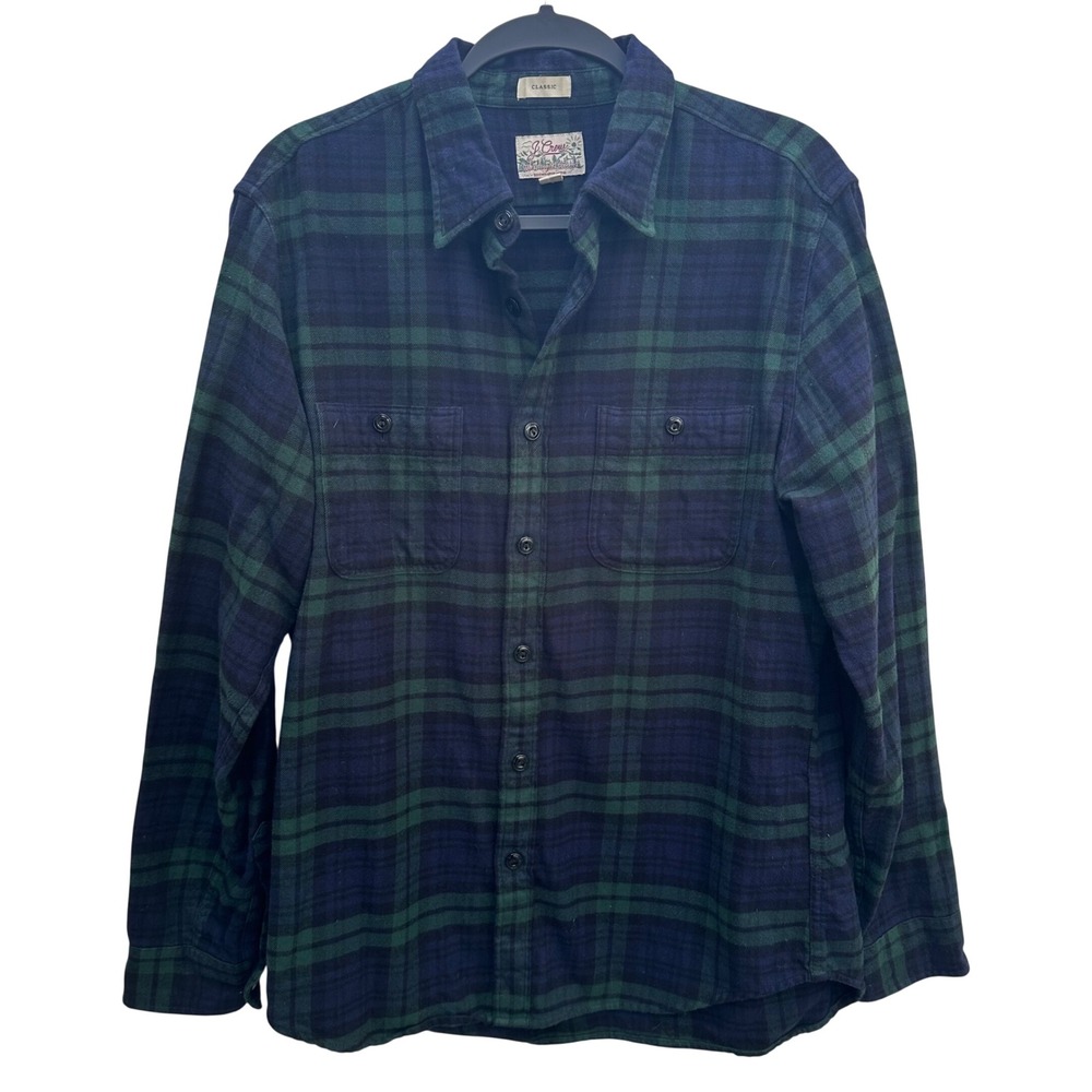 J Crew Flannel Button Up Shirt Men Medium Classic Fit Navy Green Plaid - Picture 1 of 4
